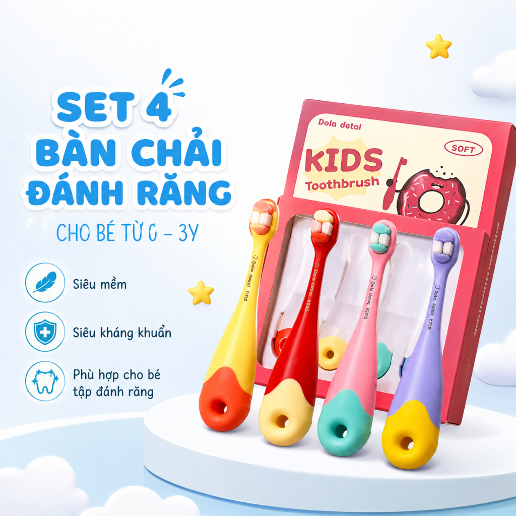 Set 4 Bàn Chải Đánh Răng Cho Bé 0-3 Tuổi Siêu Mềm 10 Nghìn Lỗ Kháng Khuẩn, Bàn Chải Tập Đánh Răng Ch