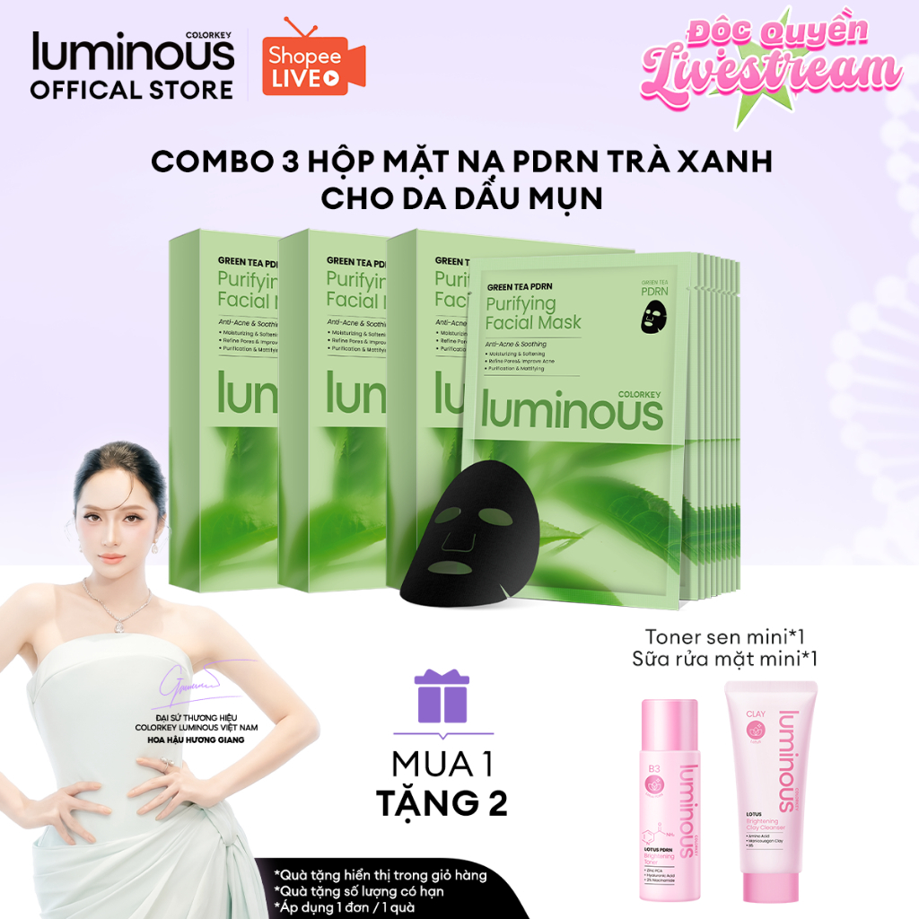 [KOL] COMBO 3 Hộp Mặt Nạ Than Hoạt Tính PDRN Trà Xanh Colorkey Luminous Kiềm Dầu, Giảm Mụn  10 miếng