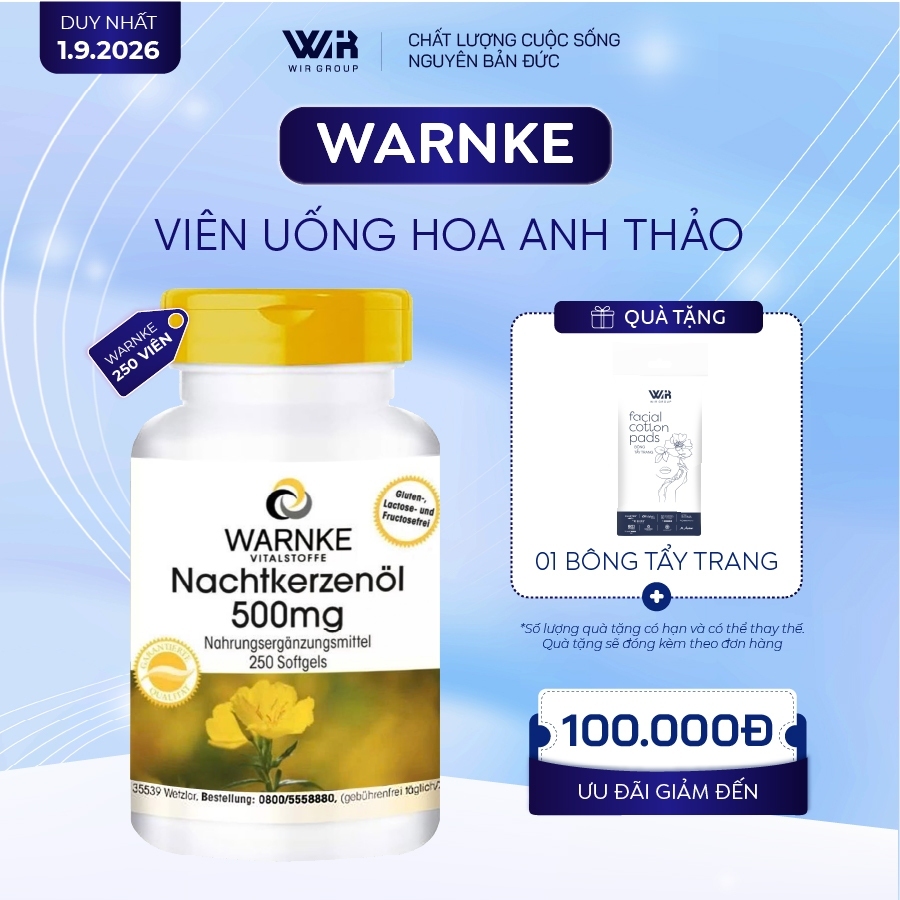 Hộp 250 Viên Tinh Dầu Hoa Anh Thảo Warnke Nachtkerzenöl 500mg Hỗ Trợ Cân Bằng Nội Tiết Tố Nữ | Wir G