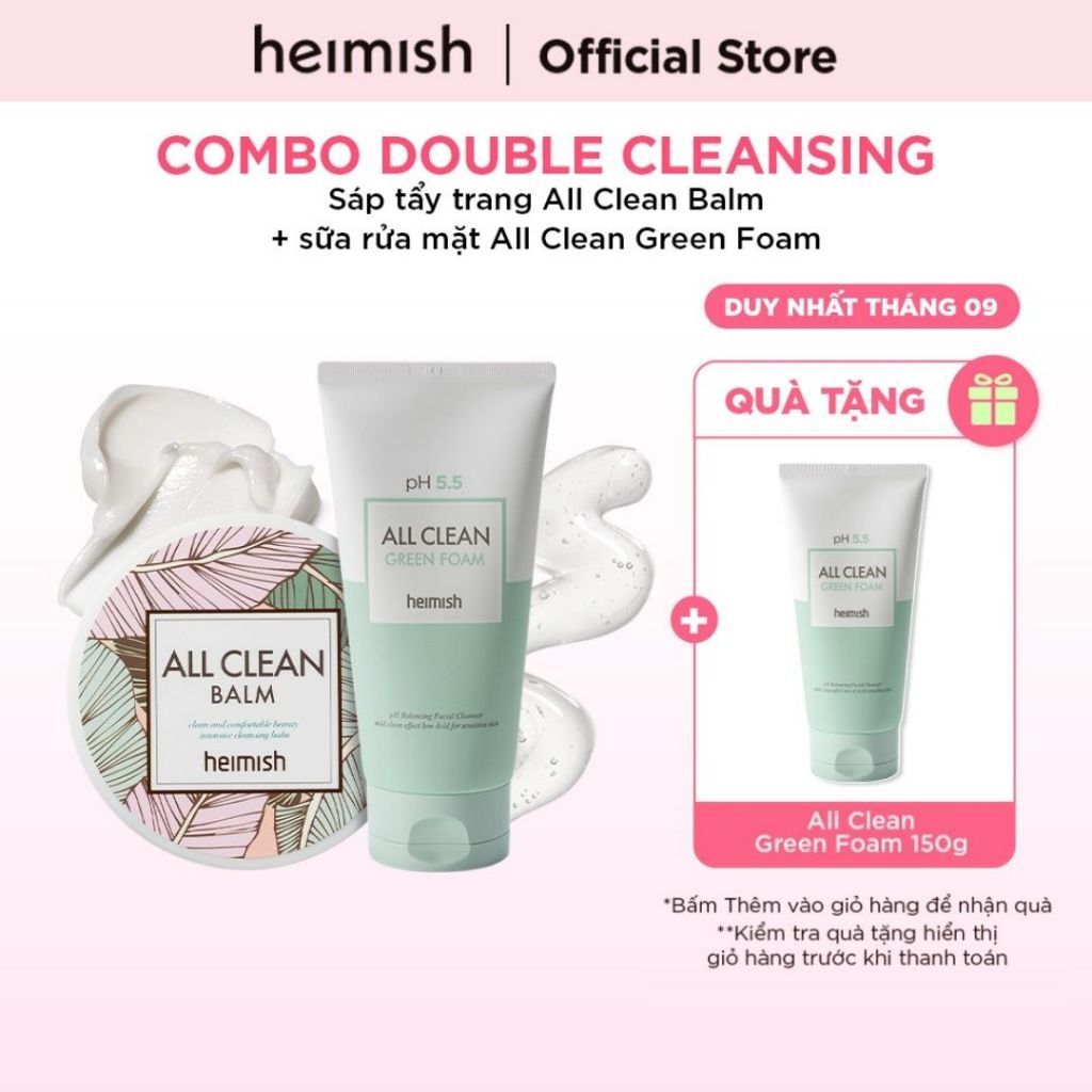 Combo Bộ đôi Double Cleansing heimish Sáp tẩy trang All Clean Balm và sữa rửa mặt All Clean Green Fo