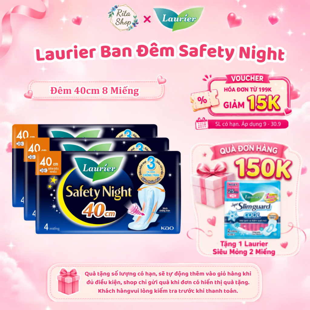 Băng Vệ Sinh Ban Đêm Laurier Safety Night Siêu An Toàn 40cm 8 Miếng