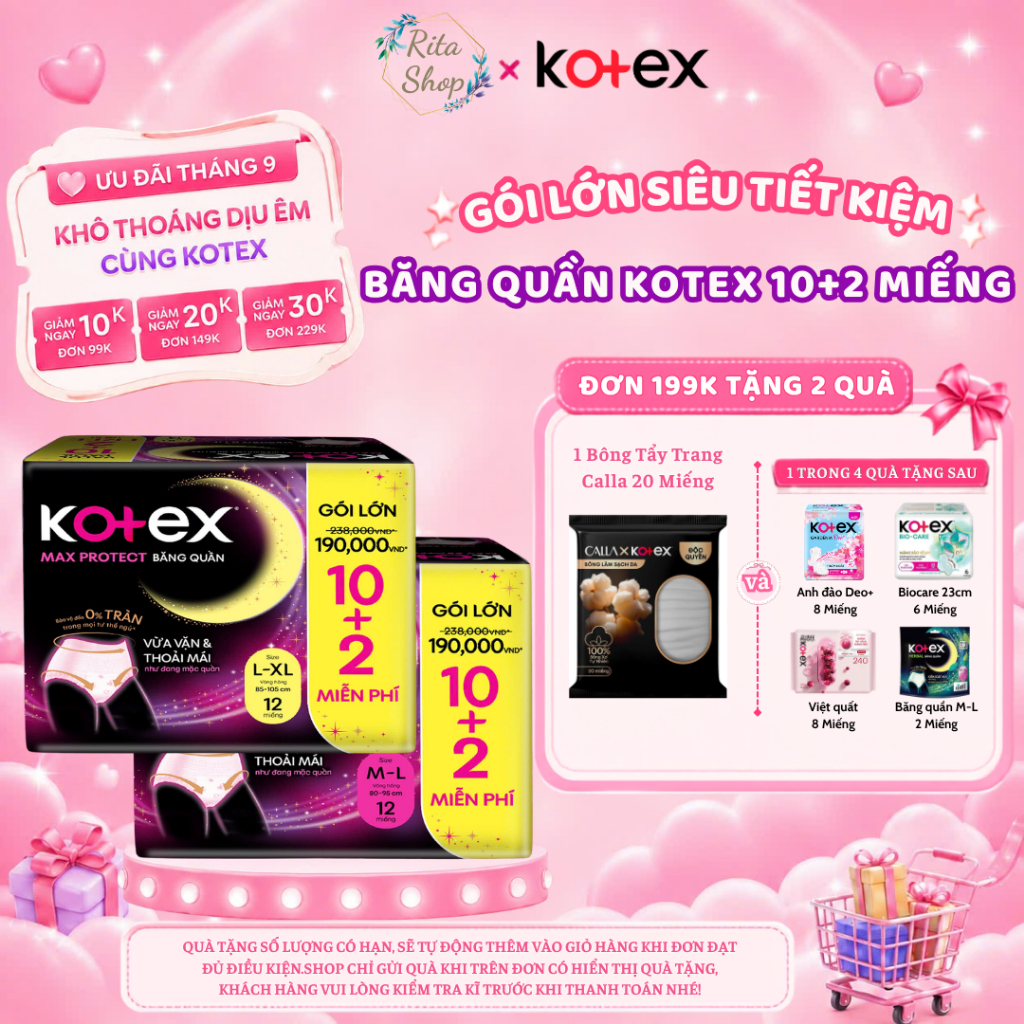 [TẶNG THÊM 2 MIẾNG] Băng Quần Kotex Maxprotect Size M-L / L-XL 10+2 Miếng - Siêu Thấm Hút (Rita Shop