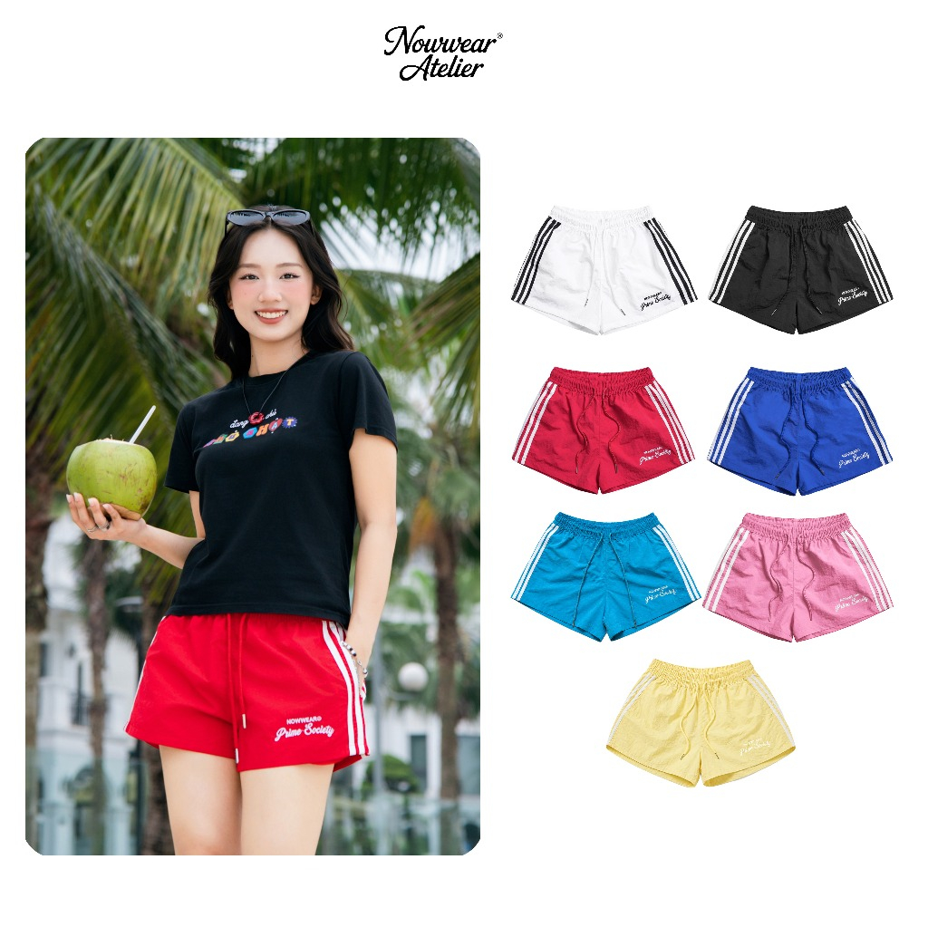 [Deal Mở Bán] Quần Đùi Nữ Vải dù 4 sọc Nowwear Ống Rộng Thoải Mái