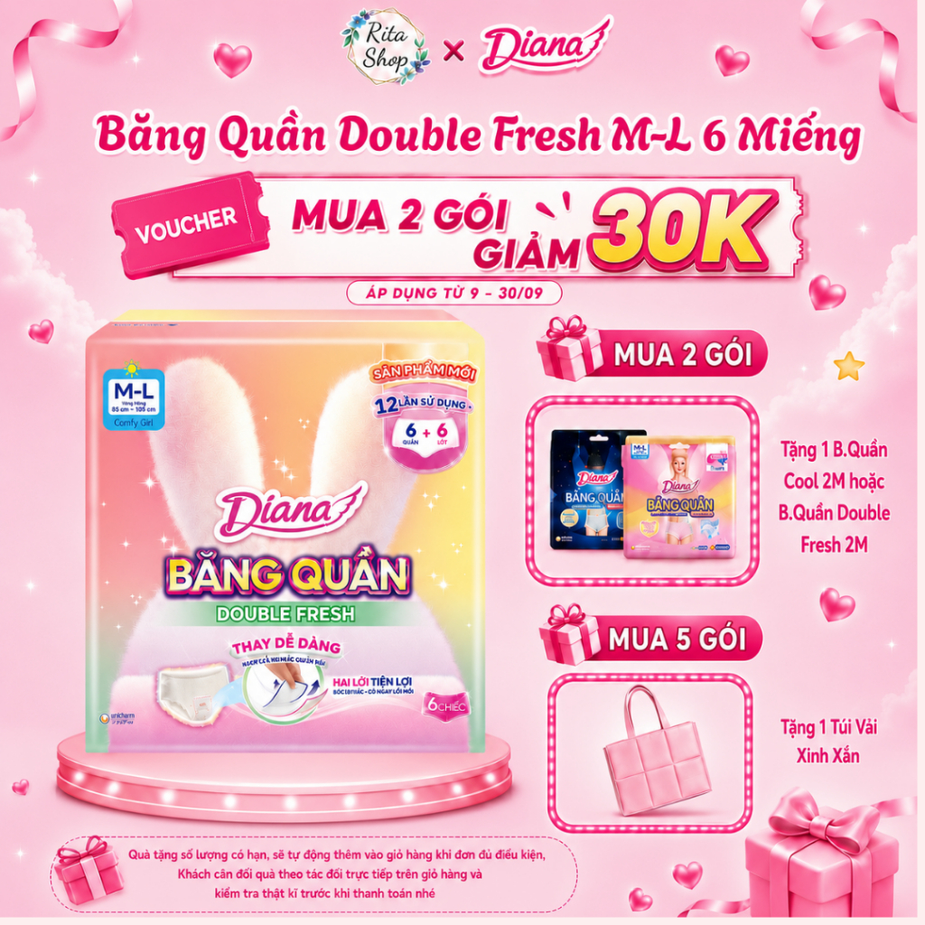 Diana Băng Quần Double Fresh Gói 6 Chiếc - Băng Quần Hai Lõi Tiện Lợi, Thay Mới Dễ Dàng (Rita Shop)