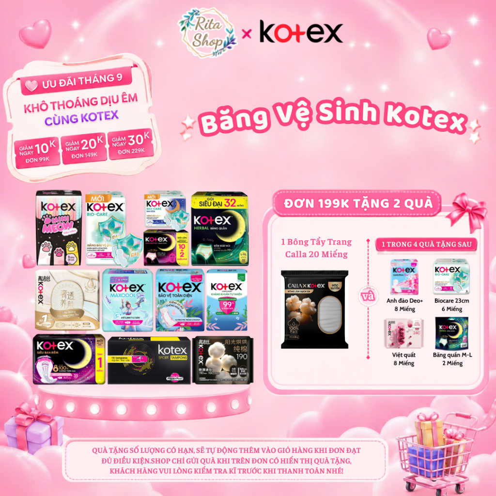 BĂNG VỆ SINH KOTEX SIÊU MỎNG KHÔ THOÁNG BẢO VỆ / MINIMEOW / HÀNG NGÀY KHÁNG KHUẨN / BAN ĐÊM DẠNG QUẦ