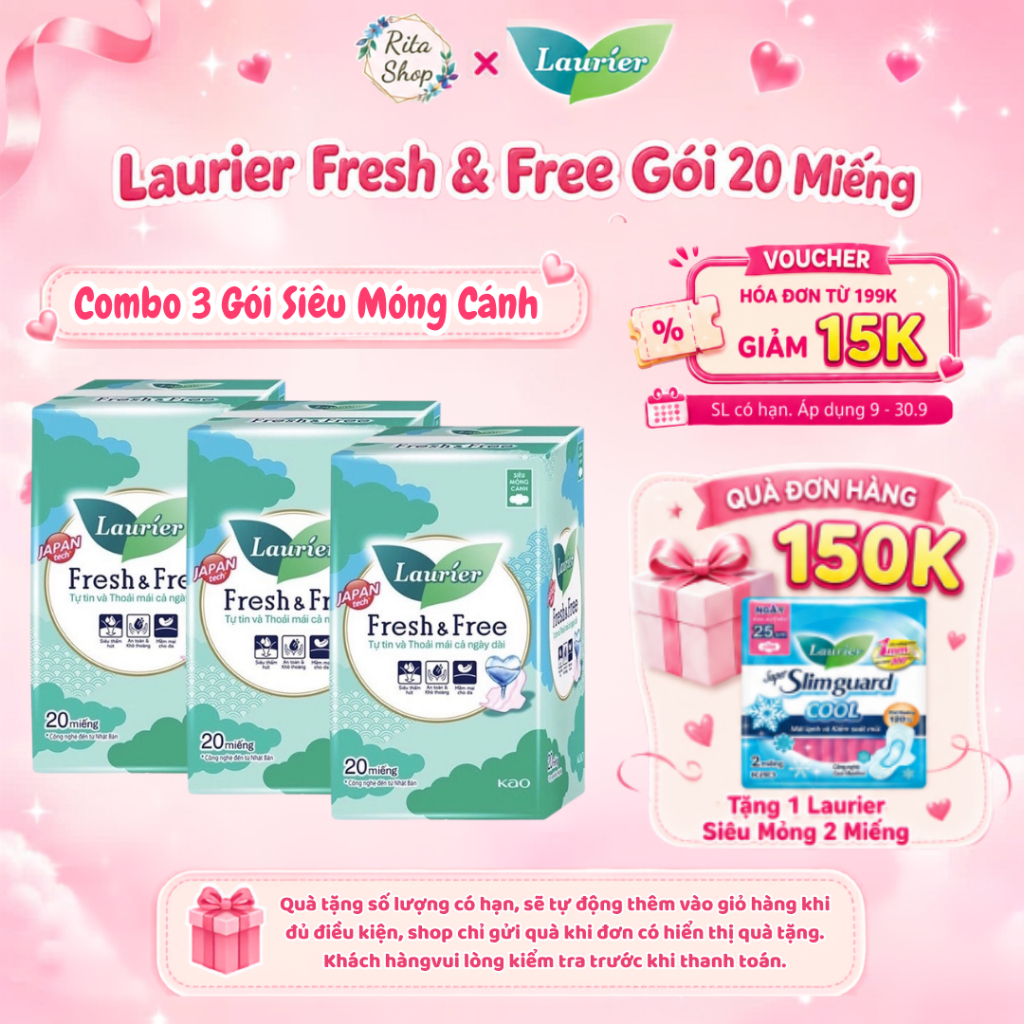 [COMBO 3 GÓI BVS] Băng Vệ Sinh Laurier Fresh & Free Ban Ngày Siêu Mỏng Cánh 22cm 20 Miếng