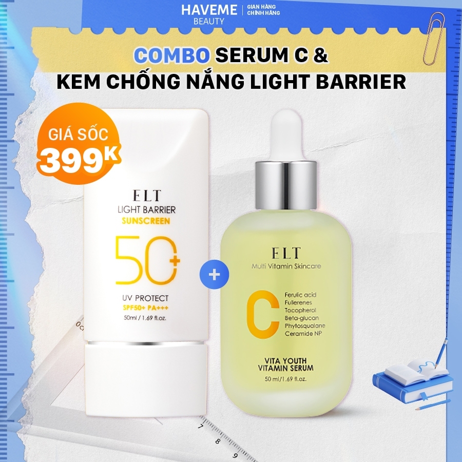 Combo 2 Serum ELT Vitamin C 50ml +Kem Chống Nắng ELT Light Barrier SPF50+/PA+++ 50ml + Quà Tặng: Toner Pad ELT 10 Miếng