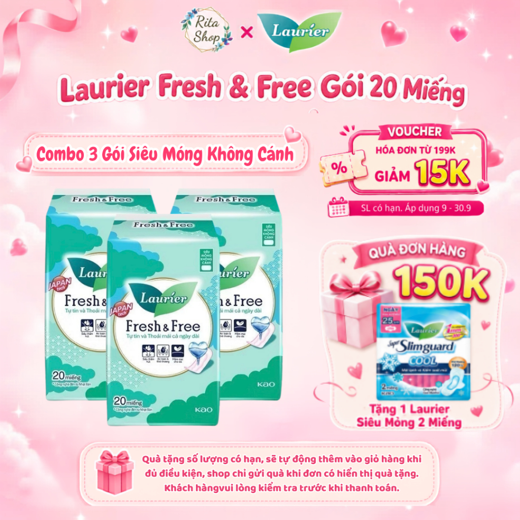 [COMBO 03 GÓI BVS KHÔNG CÁNH] Băng Vệ Sinh Laurier Fresh & Free Ban Ngày Siêu Mỏng Không Cánh (22cm-