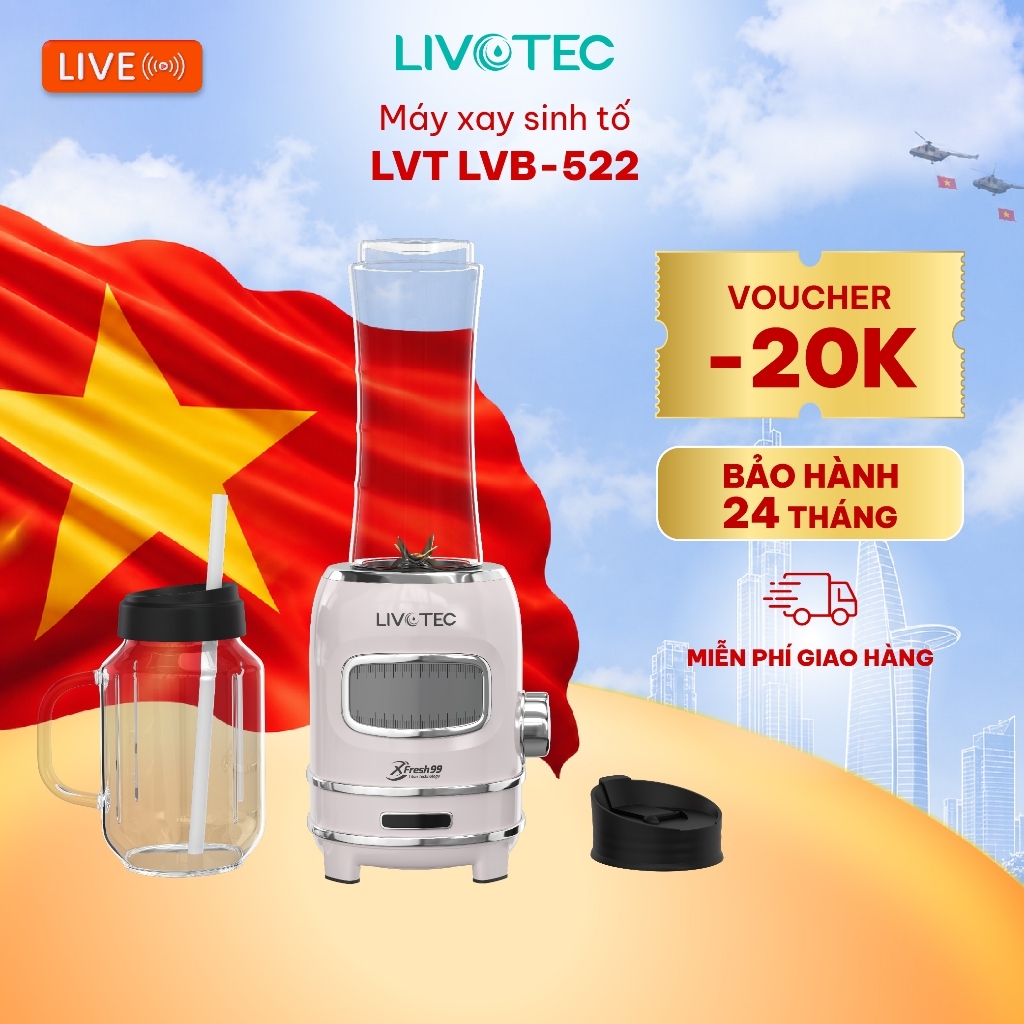 [LIVE LVB 522] Máy xay sinh tố Livotec LVB 522, Lưỡi dao 4D 6 cánh phủ Titanium chống ăn mòn, Bảo hà