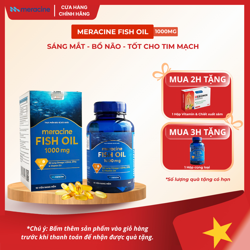 Viên dầu cá Omega 3 - Meracine Fish Oil hỗ trợ sáng mắt, bổ não, tốt cho tim mạch (hộp 90 viên)