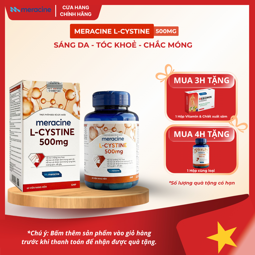 Viên Uống Meracine L-Cystine 500mg Giúp Sáng Da, hỗ trợ giảm nám, giảm mụn, rụng tóc, giảm gãy móng 