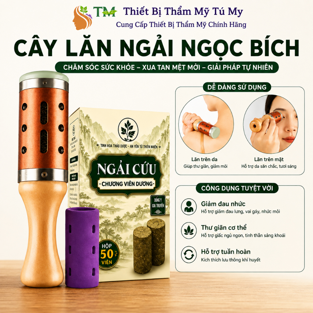 Con Lăn Ngải Ngọc Bích Dùng Massage Mặt và Body, Thanh Lăn Ngải Cứu Cầm Tay Giúp Thư Giãn Giảm Đau Mỏi Cổ Vai Gáy
