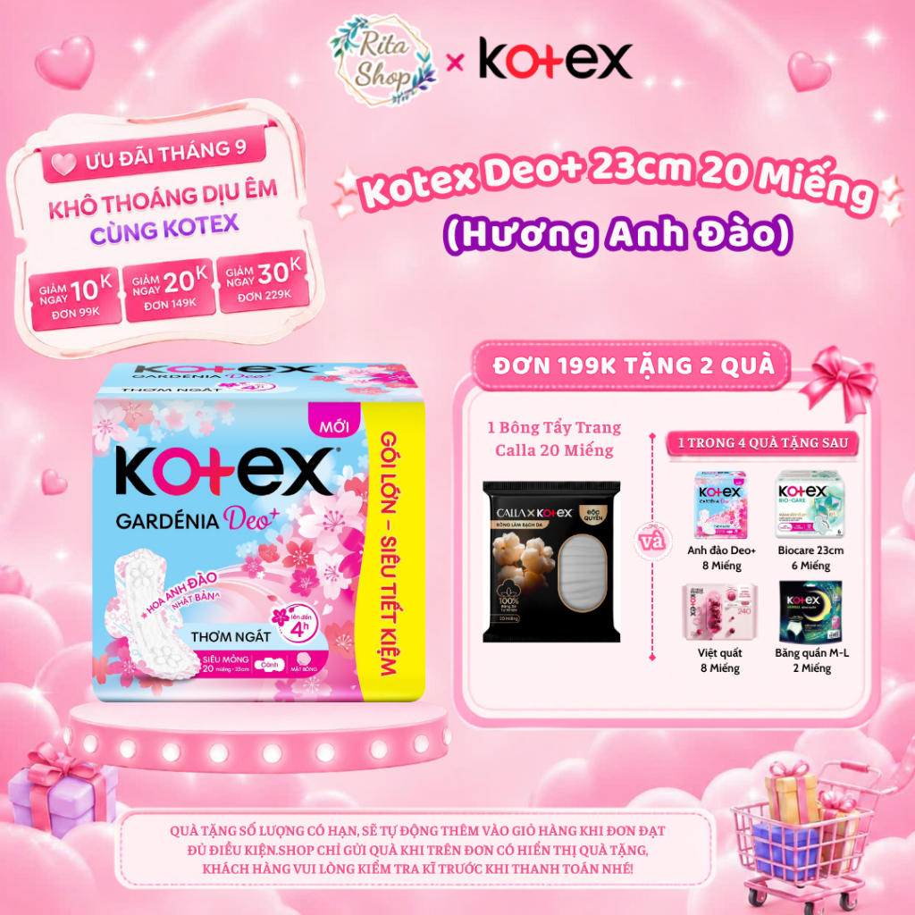 Băng Vệ Sinh Kotex Gardenia Deo+ - Hoa Anh Đào Siêu Mỏng Cánh 23cm 20 Miếng