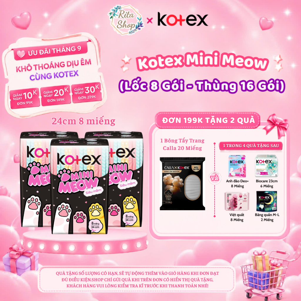 [LỐC 8 GÓI] Băng Vệ Sinh Kotex MiniMeow - Siêu Mỏng cánh 24cm 8 miếng