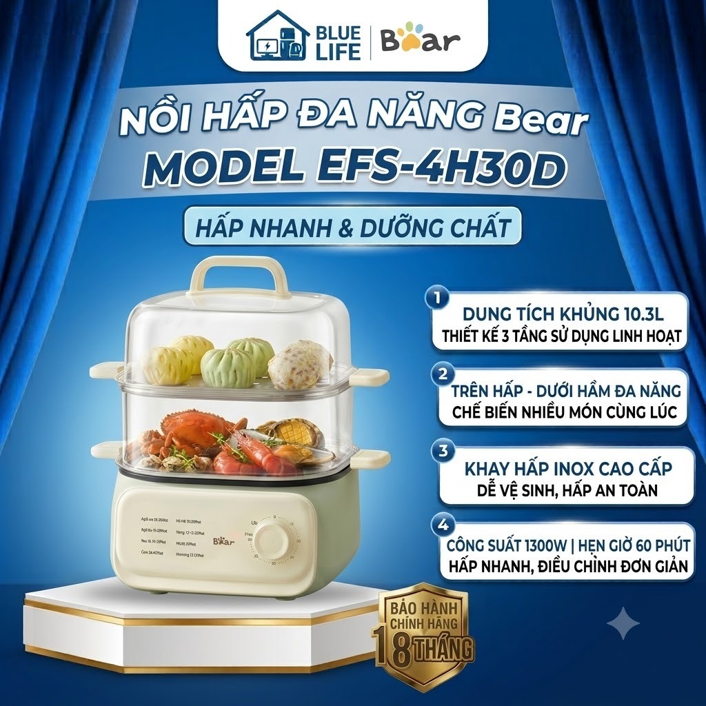 Nồi Hấp Bear EFS-4H30D 10.3L 1300W 3 Tầng Khay Inox, Hấp Hầm Đa Năng, Hẹn Giờ 60 Phút, Bảo Hành 18 T