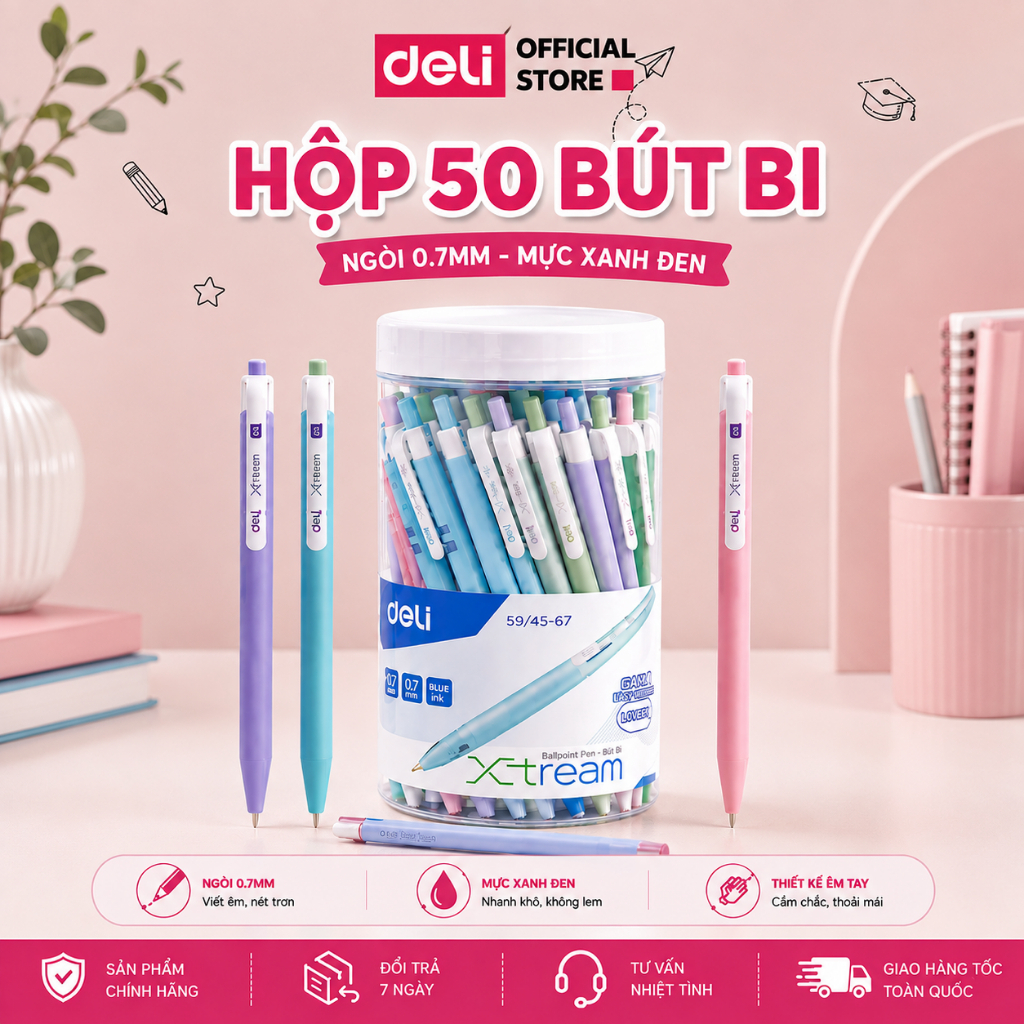 [🔥75K/50 BÚT] Hộp 50 Bút Bi Bấm Mực Xanh/Đỏ/Đen Ngòi 0.7mm Deli Viết Nét Đều Trơn Tru Học Sinh Văn Phòng