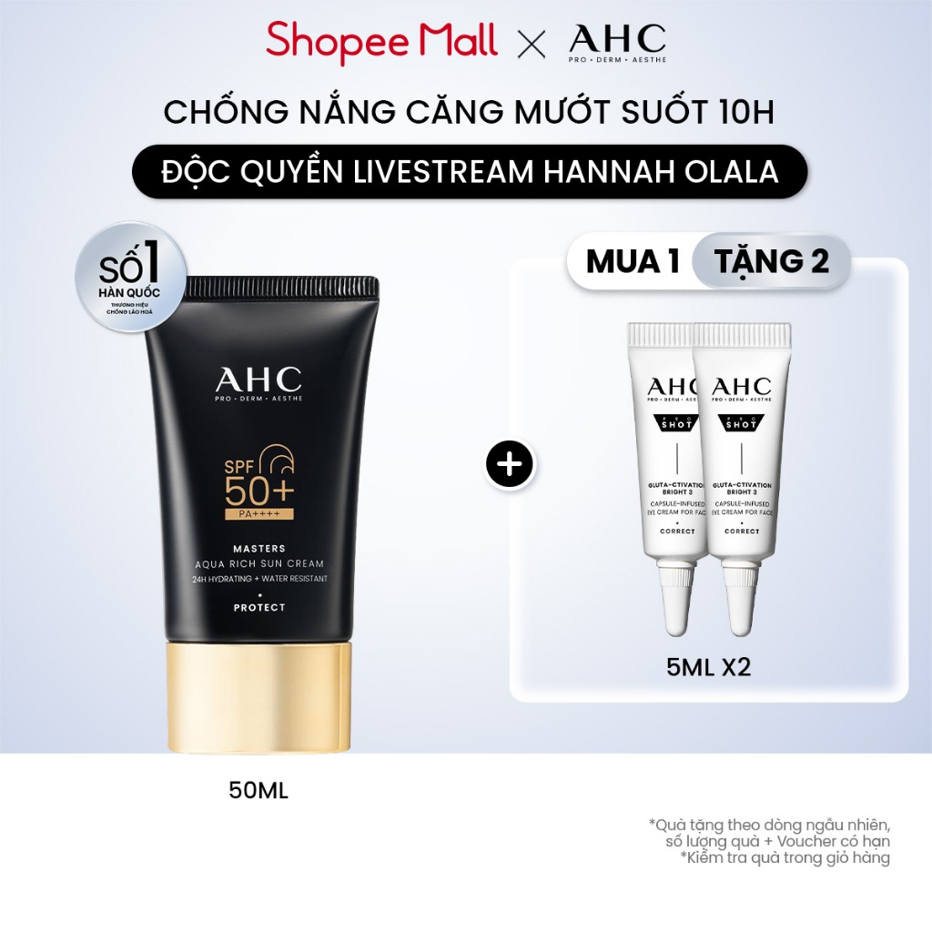 [AHCxĐộc quyền HANNAH] Kem chống nắng AHC phổ rộng 400nm căng mướt da chuẩn Hàn (50 ml) Masters Aqua Rich Sun Cream