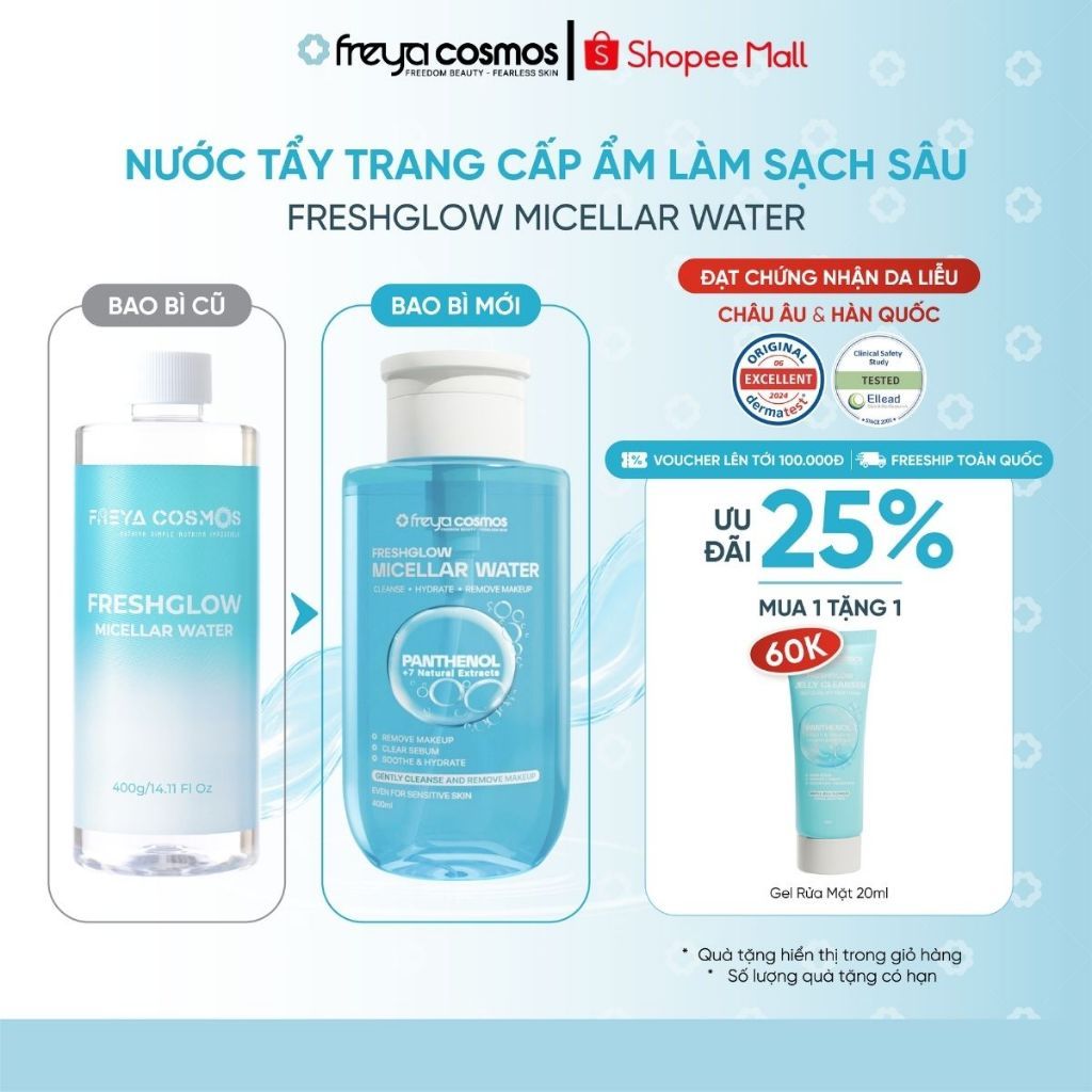 Nước Tẩy Trang Cấp Ẩm, Làm Sạch Sâu  - Freya Cosmos FreshGlow Micellar Water 400g
