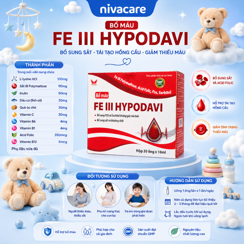 [CHÍNH HÃNG] Bổ máu FE III HYPODAVI, Giúp bổ sung sắt, Acid Folic, Vitamin B12 hộp 20 ống - Niva Car
