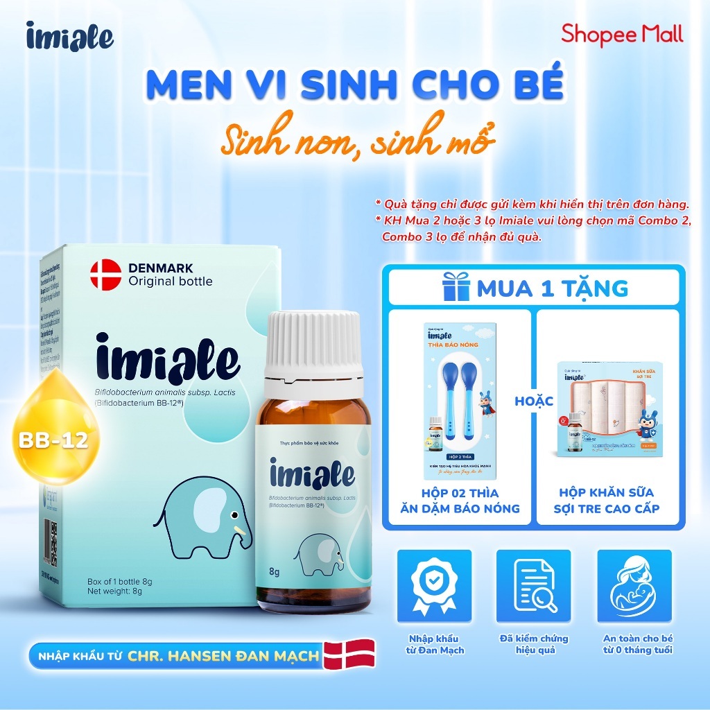 IMIALE chứa lợi khuẩn Bifidobacteirum BB-12 dành cho trẻ sinh non, sinh mổ, dùng sữa công thức (Lọ 8