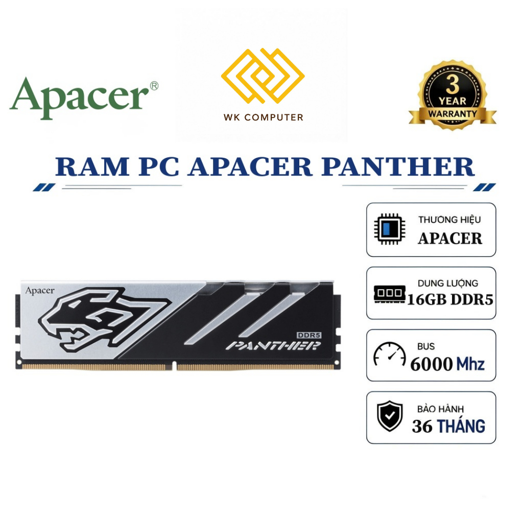 Ram máy tính Apacer Panther DDR5 16GB Bus 6000MHz / Độ trễ CL 38 | Mới, Bảo hành 36 Tháng