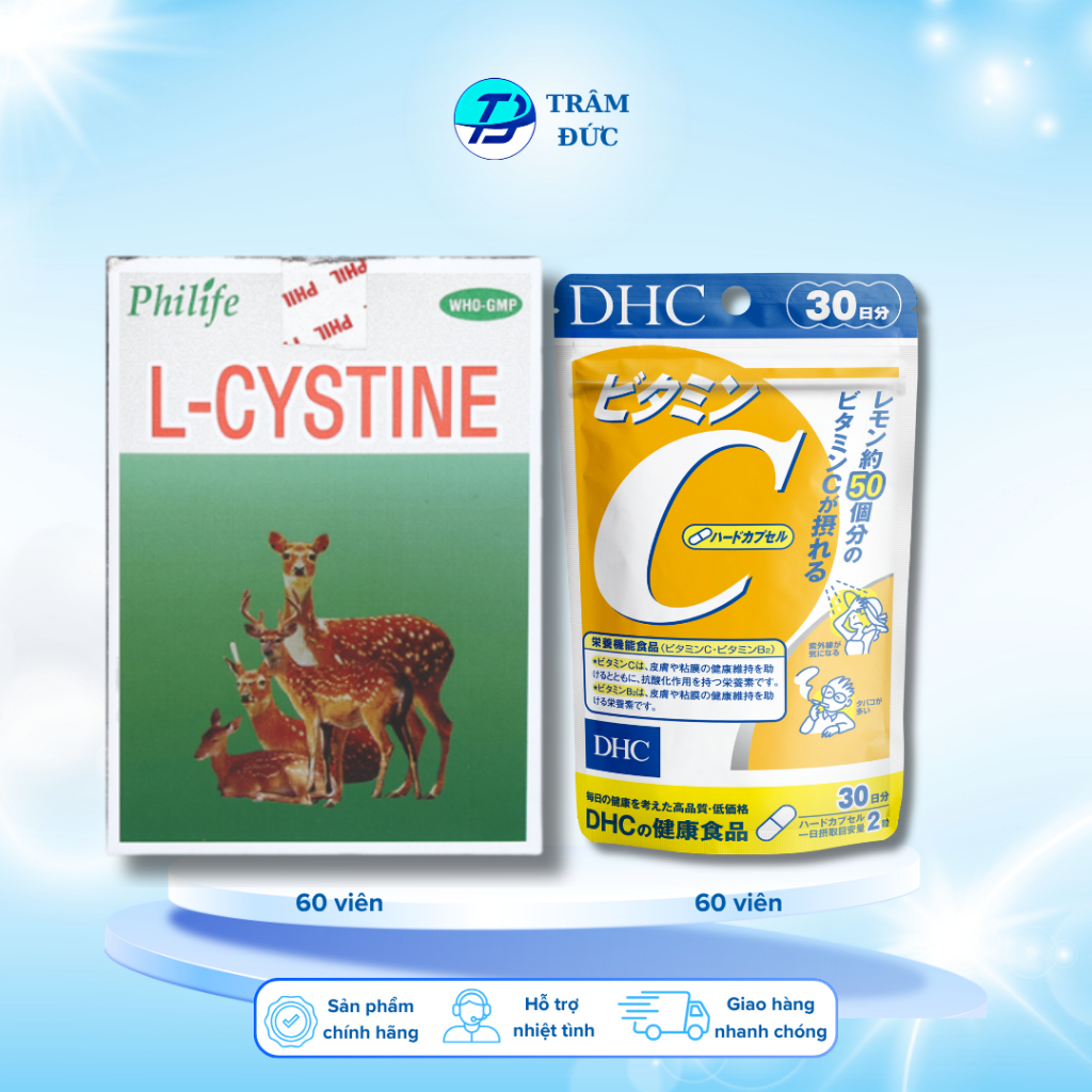 Combo DHC Vitamin C DHC và Philife L-Cystine 500mg hỗ trợ làm sáng, hỗ trợ da mụn (30 ngày)