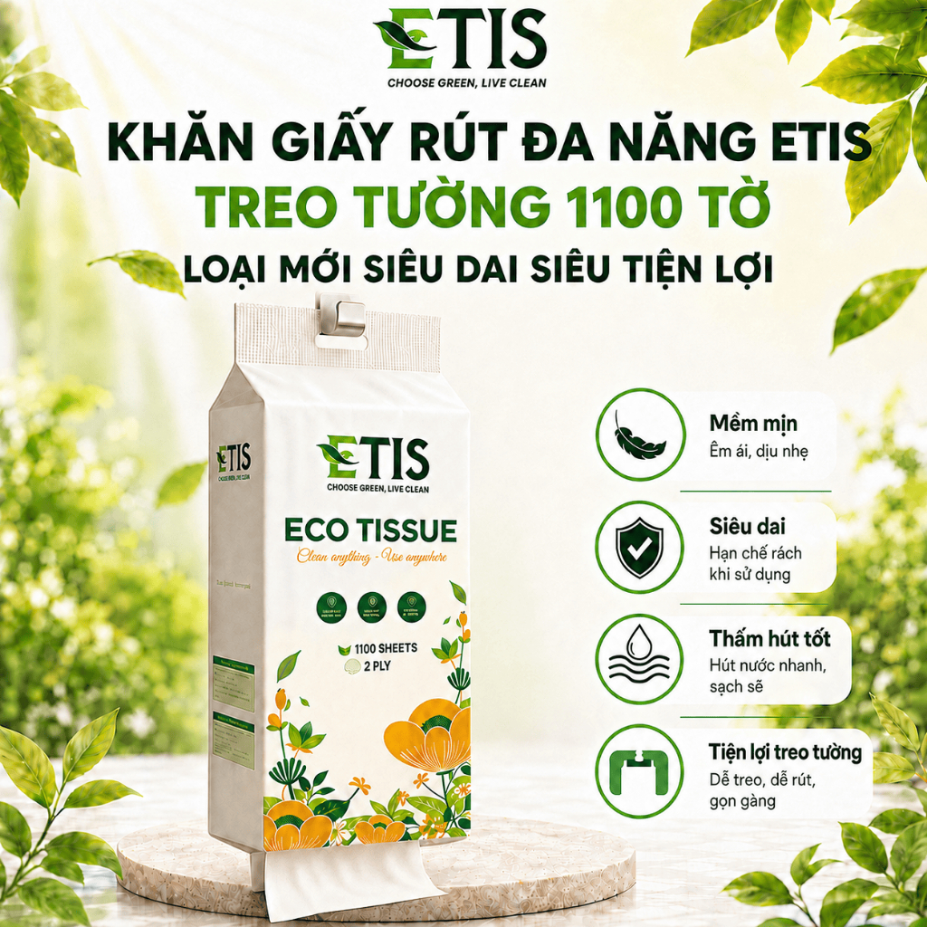 Combo 3/6 Bịch Khăn Giấy Rút Treo Tường  ETIS 1100 tờ Đa Năng Siêu Dai Thấm Hút Tốt Lau Bếp Dầu Mỡ