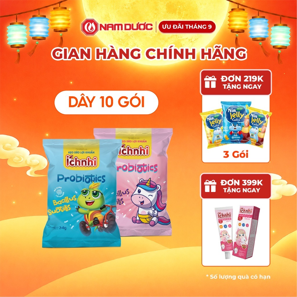 KẸO DẺO LỢI KHUẨN ÍCH NHI, dây 10 gói x 24g, bổ sung khuẩn  Bacillus subtilis, vị trái cây thơm ngon