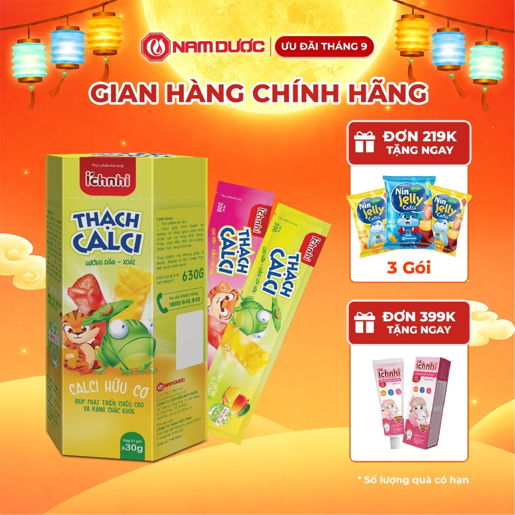 Thạch calci Ích Nhi hương dâu, xoài, hộp 21 túi x 30g, bổ sung calci hữu cơ cho bé