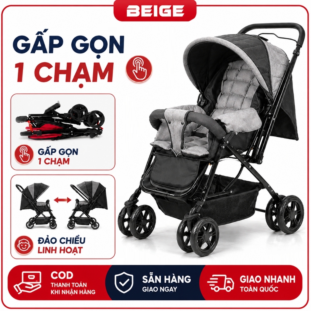 xe đẩy gấp gọn cho bé Beige Có thể đặt ở phía trước xe máy/xe đạp điện,Đẩy được 2 chiều