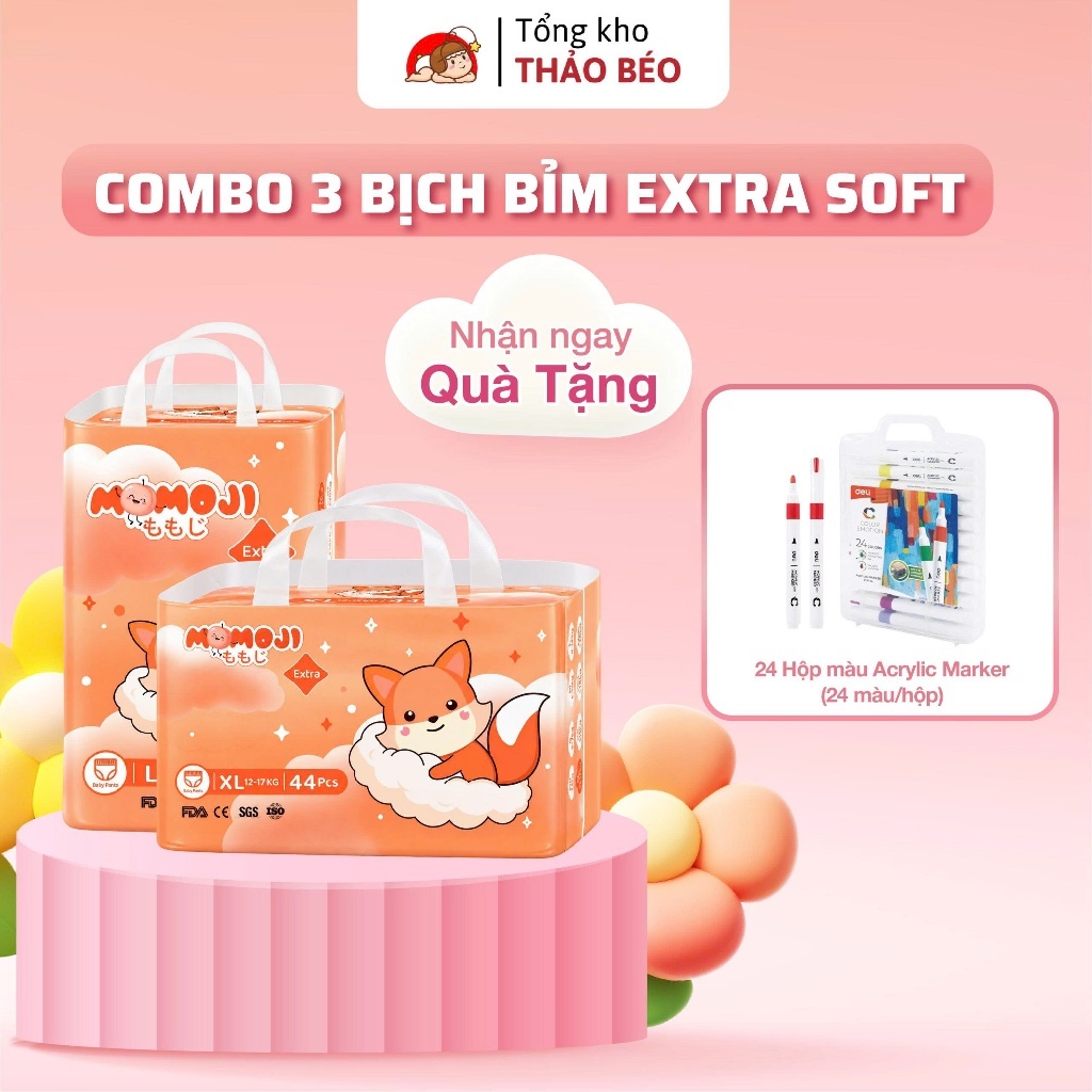 [Quà Hấp Dẫn] Combo 3 Tã Bỉm Dán/Quần Momoji Extra Soft Êm Mềm, Siêu Mỏng Thoáng, Siêu Thấm Hút NB/S