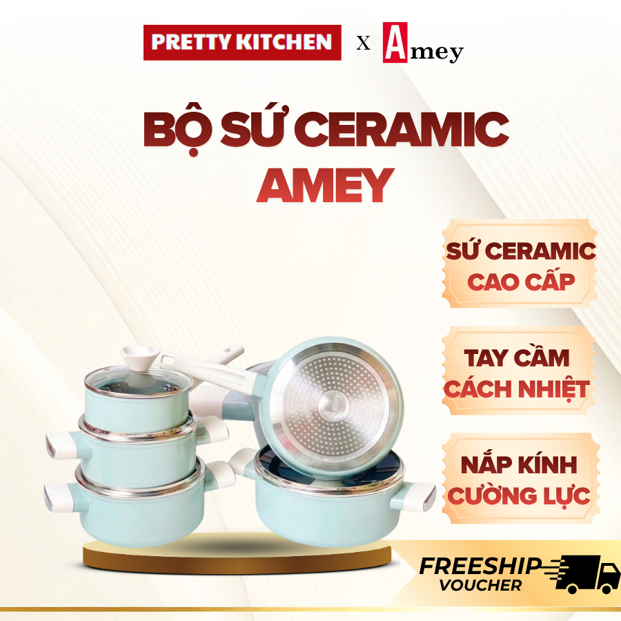 Bộ Sứ Ceramic AMEY 9 đáy, Bộ nồi 5 món 9 đáy AMEY Đức cao Cấp dùng cho mọi loại bếp - Pretty Kitchen