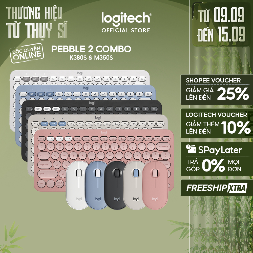 Pebble 2 Combo, Bàn phím Bluetooth Logitech K380s và chuột Logitech M350s - Yên tĩnh,  Easy-Switch