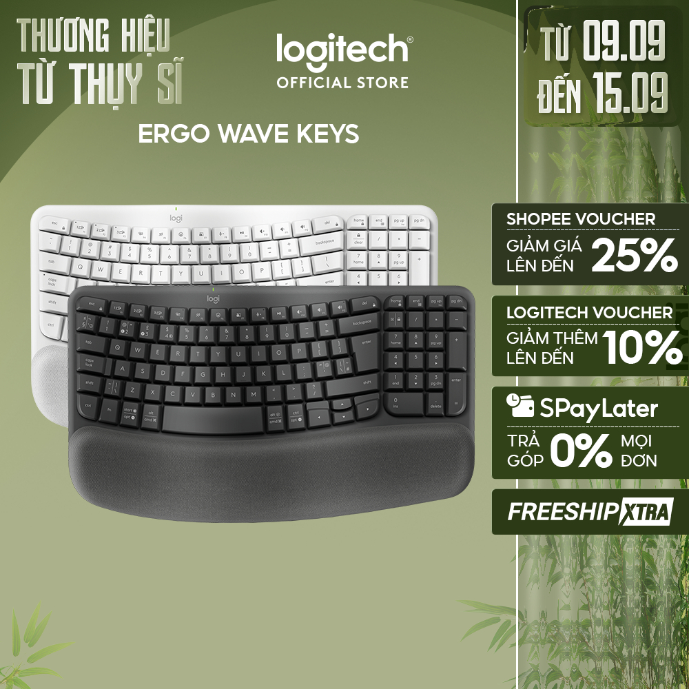 Bàn phím không dây công thái học Logitech Wave Keys - Kết nối Bluetooth, Gác tay, Windows, MacOs