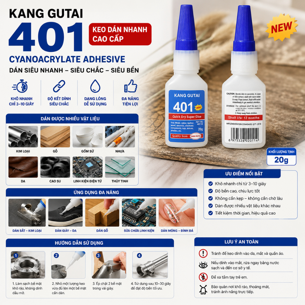 KANG GUTAI 401 – KEO DÁN NHANH CAO CẤP (CYANOACRYLATE) / KEO DÁN SẮT/ Keo 401 dán móng - đính đá