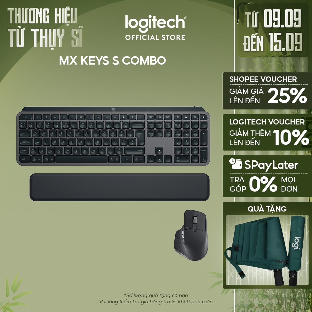 Combo Chuột & Bàn Phím Bluetooth không dây Logitech MX Keys S Combo - Có gác tay, Chiếu sáng, USB-C