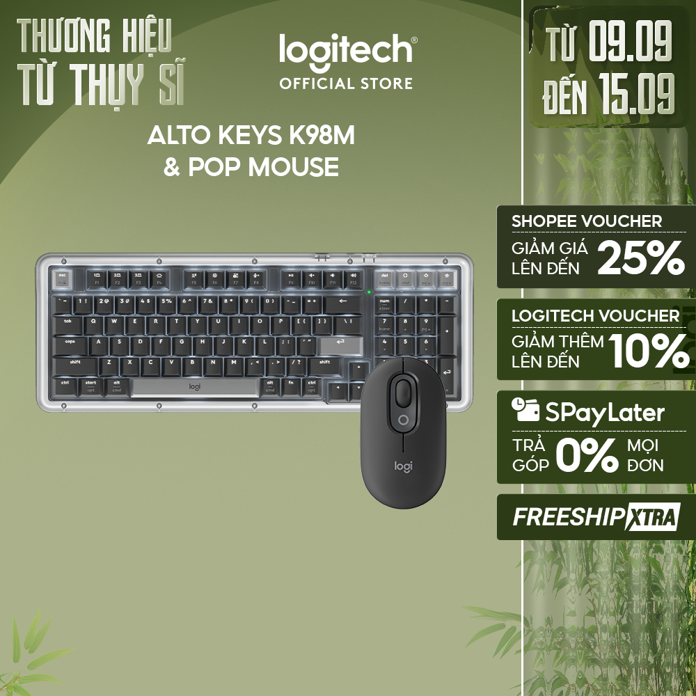 Combo Bàn phím Logitech Alto Keys K98M & Chuột POP Mouse - Emoji tùy chỉnh, Đệm hấp thụ rung động