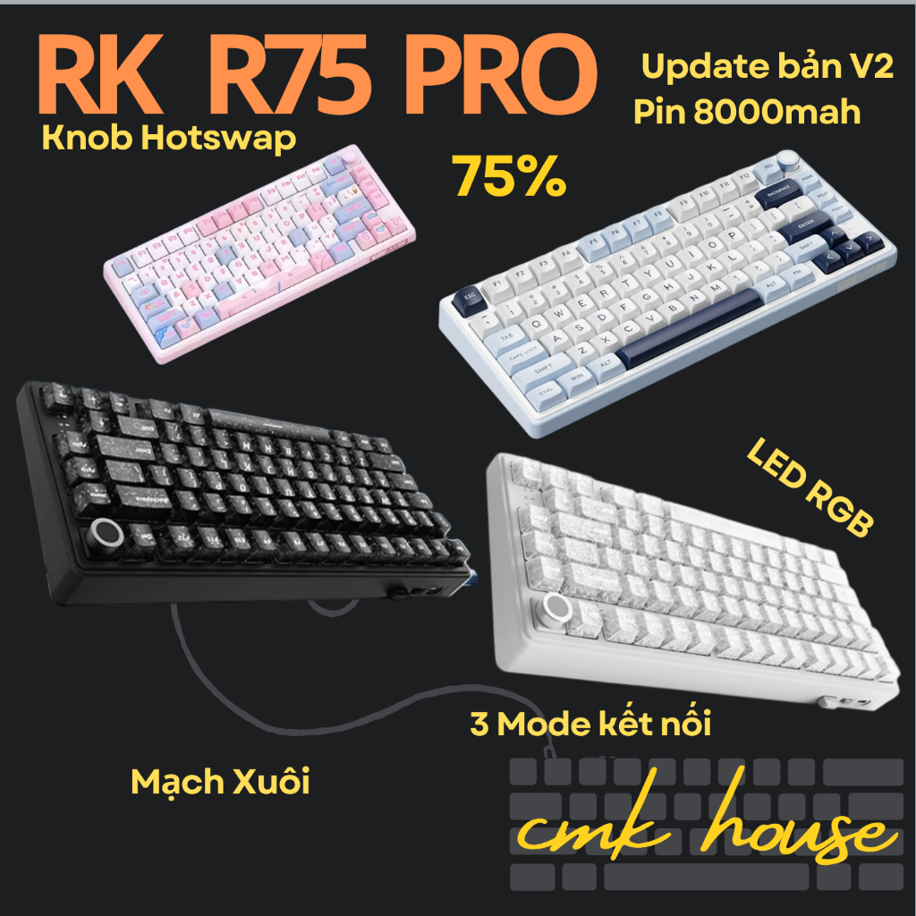 (sẵn tùy bản) Bàn Phím Cơ Không Dây RK R75 Bản Pro | Update V2 -  (Led RGB/ Full Foam/ Gasket Mount)
