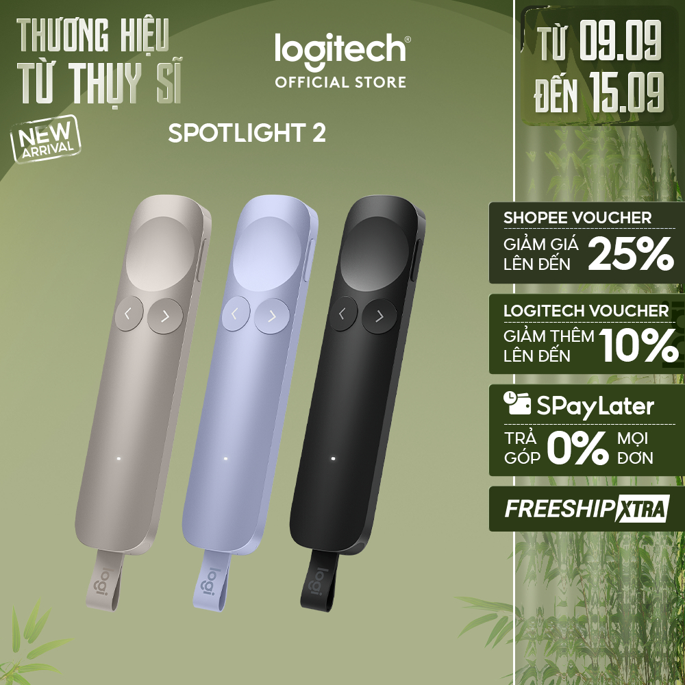 Thiết bị trình chiếu Logitech Spotlight 2 - Phản hồi xúc giác, tùy chỉnh, con trỏ laser, Sạc nhanh, 