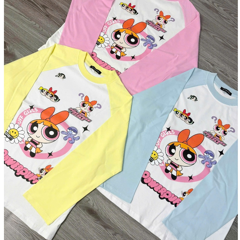 Áo Longtee Raglan Unisex Tay Dài In Hình Powerpuff Girls Phong Cách Streetwear