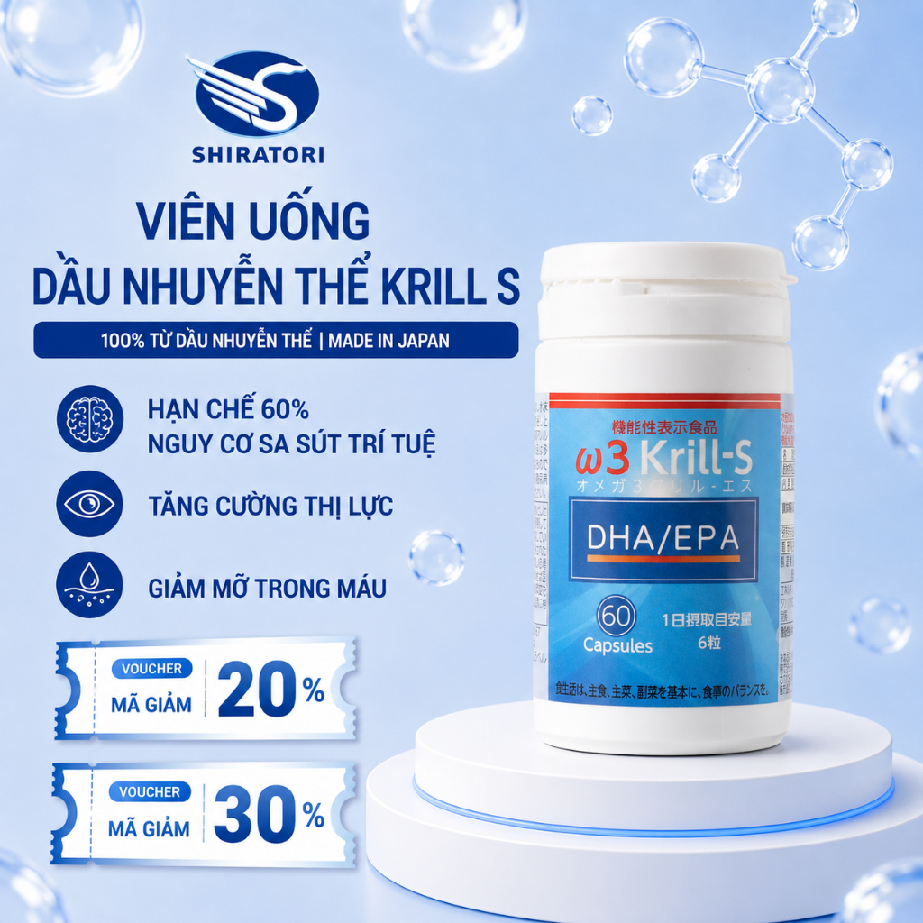 Dầu Nhuyễn Thể Omega 3 Krill S Giảm Mỡ Máu, Tốt Tim Mạch, Bổ Não- Lọ 60V(560mg/v)-Shiratori Nhật Bản