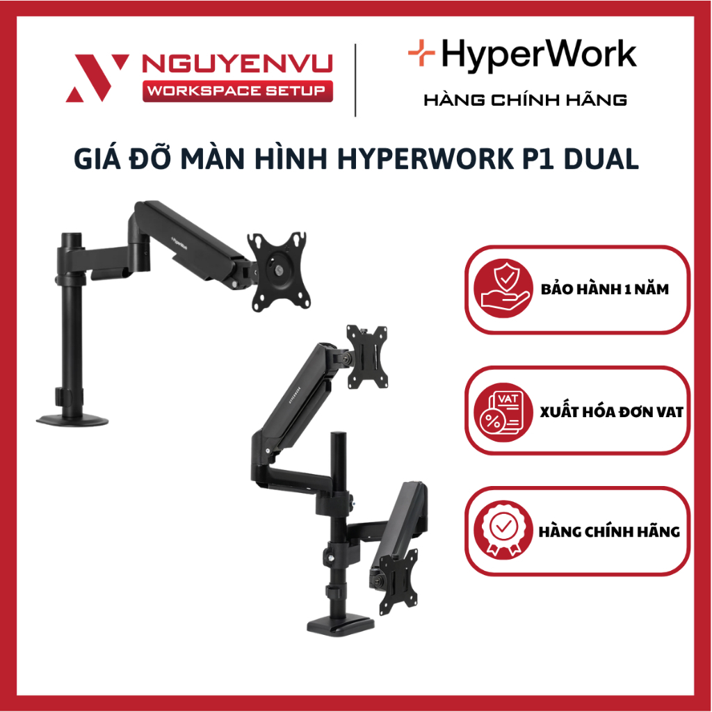 Giá đỡ màn hình cột HyperWork P1 Single | P1 Dual DPA01 V2025 - Phù hợp màn 22-34" - Tải trọng 9+9kg