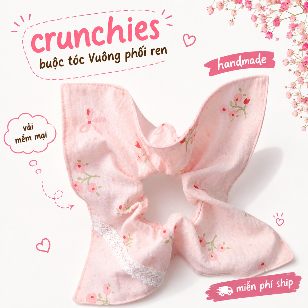 Crunchies vuông phối ren buộc tóc Ngọt ngào - chất vải đũi mềm mại
