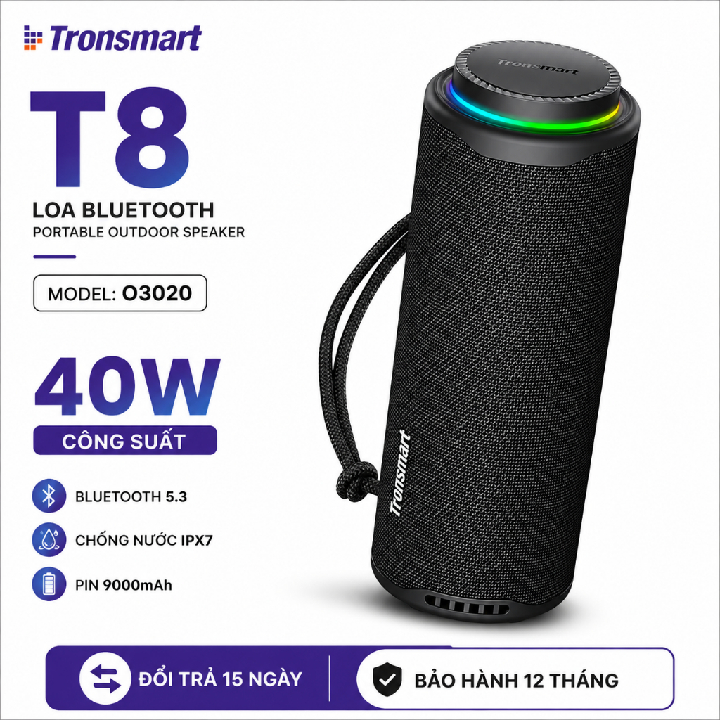 Loa Bluetooth Tronsmart T8 Công Suất 40W, Bluetooth 5.3, Chống Nước IPX7, Pin 9000mAh, Đèn LED RGB, 