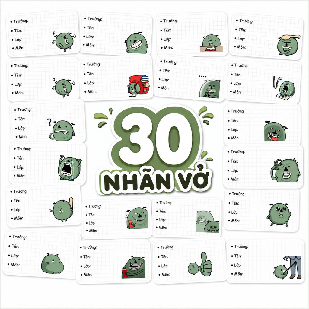 30 Nhãn vở Trứng Bắc Thảo Xanh bóc dán (mẫu 2) - KHÔNG TRÙNG NHAU , Hazen Sticker, Nhãn Vở meme Cute