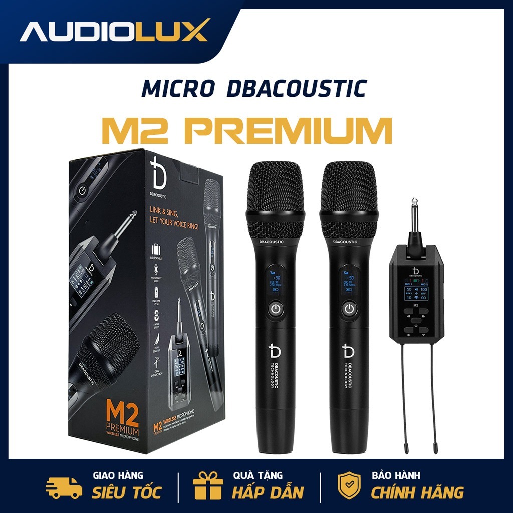 DBacoustic M2 Premium | Micro Karaoke Không Dây, 2 Micro DSP 32-Bit, 8 Echo UHF 60m | BH 12Tháng