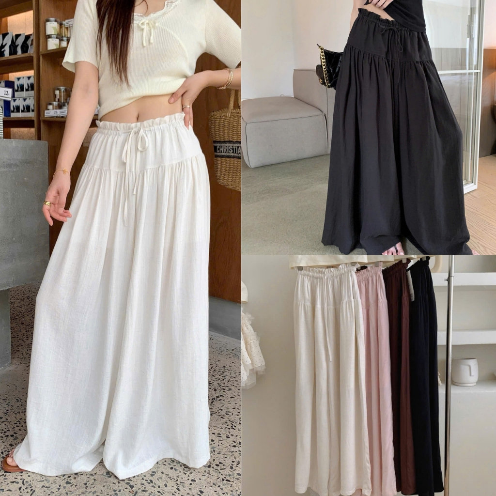 Quần Đũi Linen Giả Váy Ống Rộng Nhún Tầng 2 Lớp Mềm Mát, Labibi