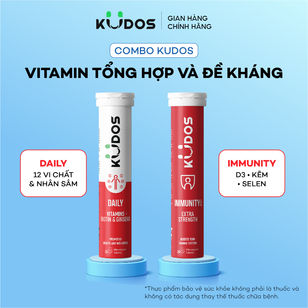 Combo 2 TPBVSK Viên sủi KUDOS IMMUNITY + Viên sủi KUDOS DAILY bổ sung vitamin tổng hợp và nhân sâm (