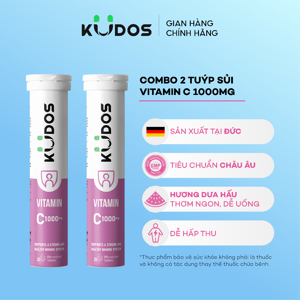 Combo 2 Tuýp TPBVSK Viên sủi KUDOS VITAMIN C hương dưa hấu, bổ sung 1000MG vitamin C cho cơ thể (20 