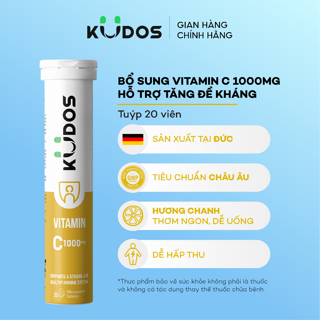 TPBVSK Viên sủi KUDOS VITAMIN C hương chanh, bổ sung 1000MG vitamin C cho cơ thể (20 viên/tuýp)